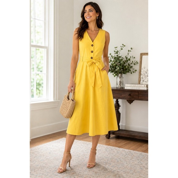 ANTONIO MELANI Dresses & Skirts - ANTONIO MELANI Yellow Sleeveless Midi Dress with Button Front